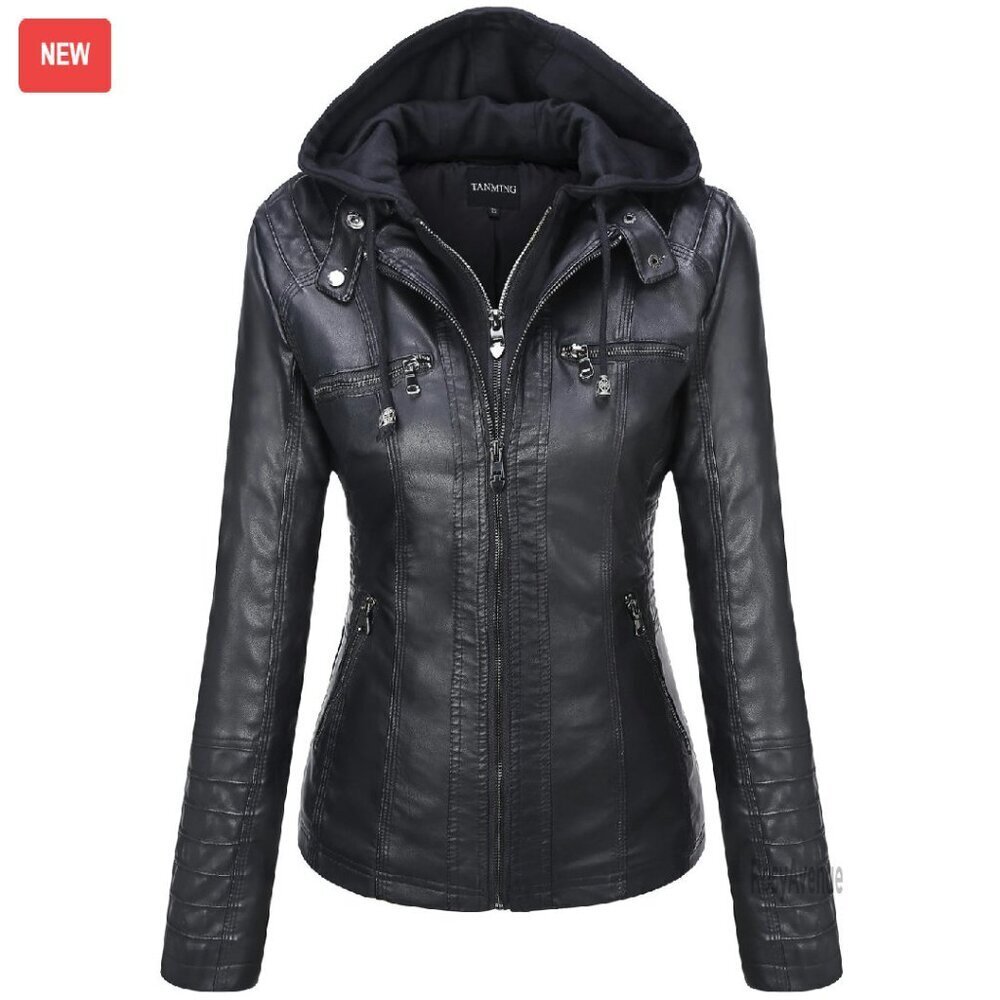 Women's Faux Leather Moto Jacket with Hood, Slim Fit, Detachable Hood - Picture 1 of 8